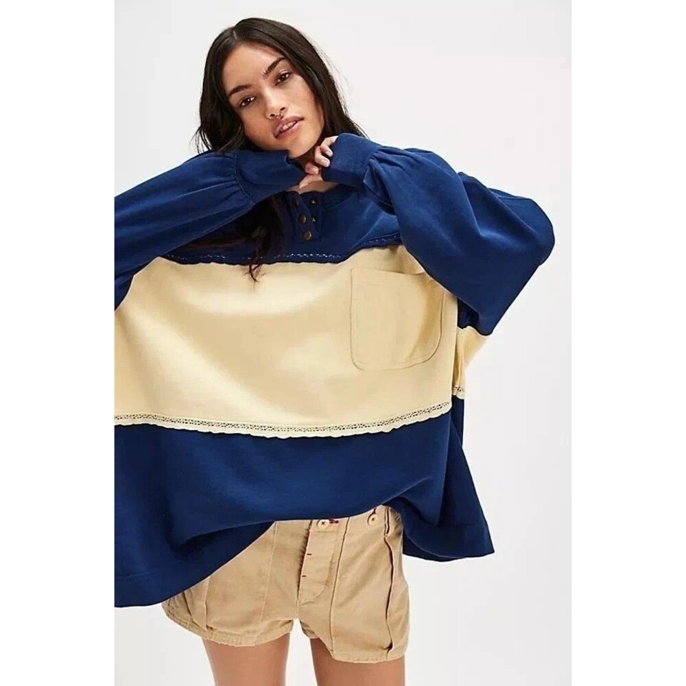 Free People Strawberry Sweatshirt Top Pullover Colorblock Ribbed Blue XL 284052 - Picture 2 of 8